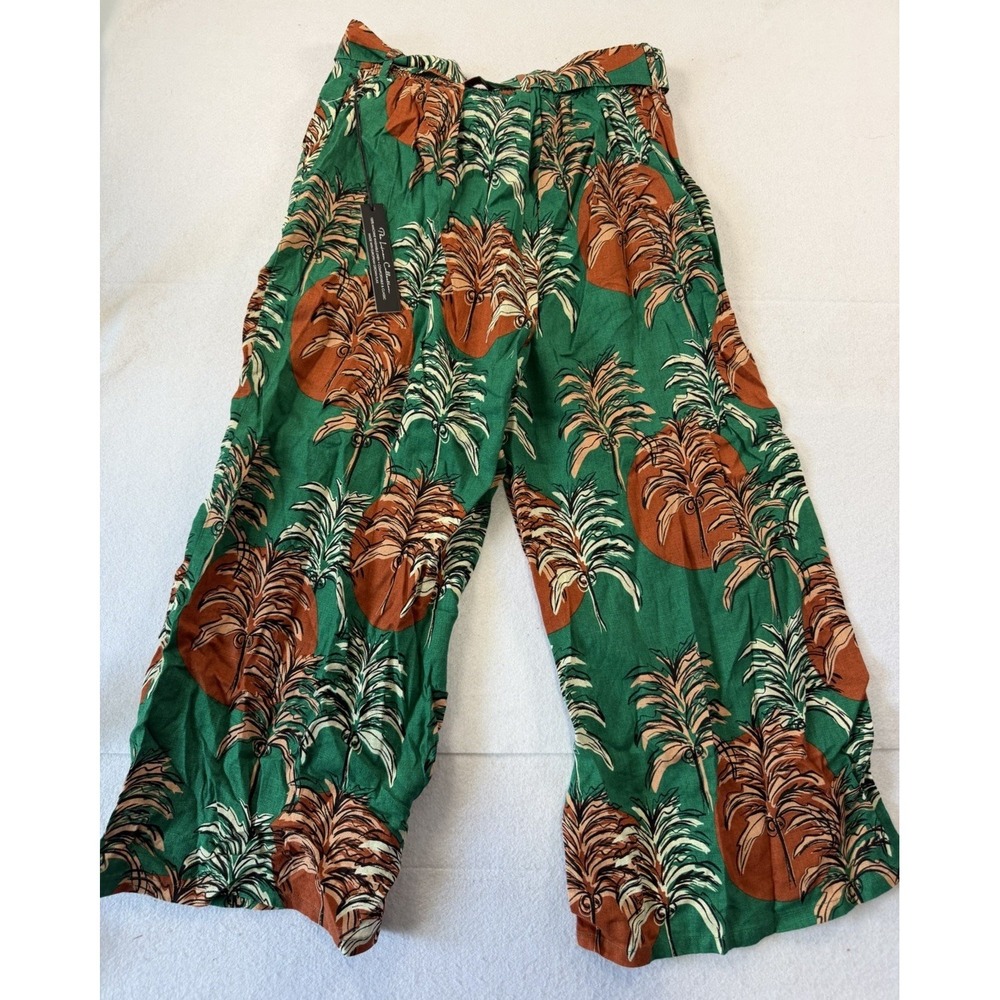 Nicole Miller 100% Linen Wide Leg Cropped Pants Size Large Tropical Print Resort - Picture 2 of 7